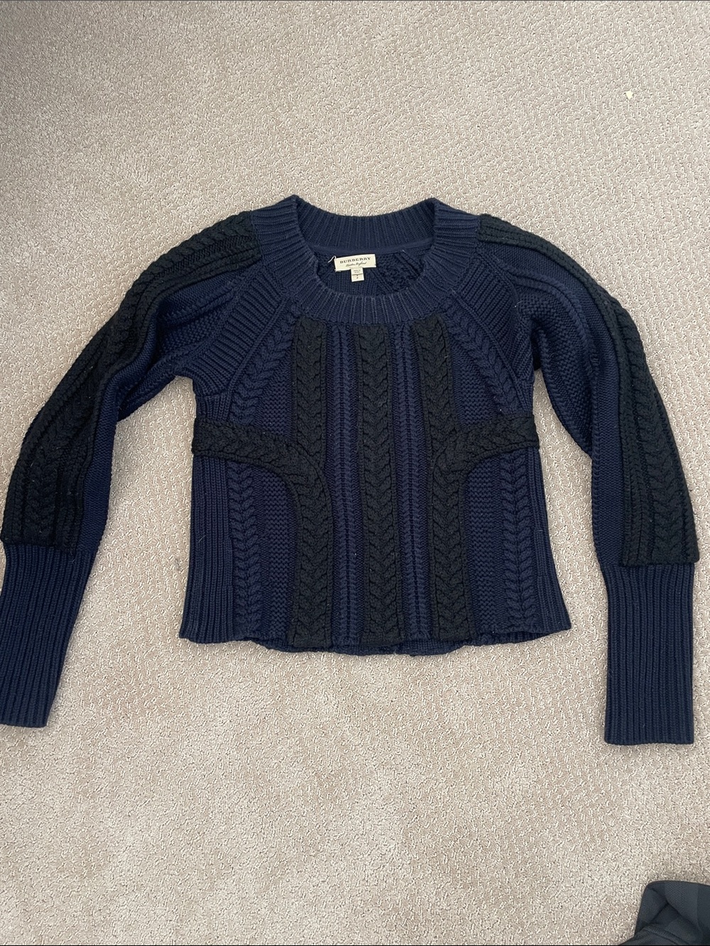Burberry Navy and Black Cable Knit Crewneck Sweater